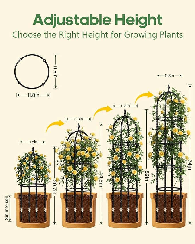 Joyhalo 2 Pack Trellis for Climbing Plants Outdoor, 74 Inch High Adjustable Garden Trellis for Flowers, Black Plastic Coated Steel Plant Stakes Use As Tomato Cage