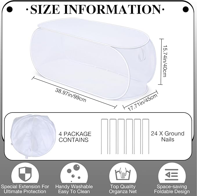 4 Pcs 39" x 18" x 16" Pop up Garden Mesh Plant Cover Outdoor Plant Protector Garden Row Raised Bed Cover with Ground Nails Crop Cage Net for Seedlings Vegetable Fruit Herbs (White)