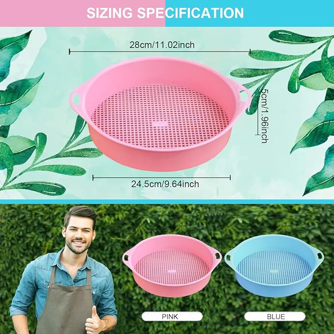2Pcs Round Garden Soil Sieve with Handle - Plastic Mesh Soil Sifter Set for Small Gravel, Sand