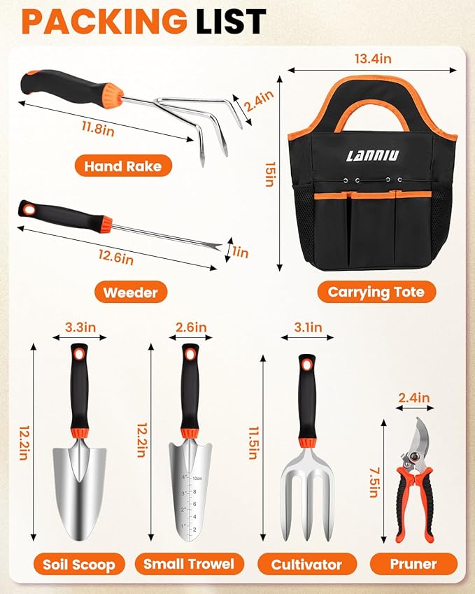 Garden Tool Set - 7 Piece Heavy Duty Stainless Steel Gardening Hand Tools with Floral Tote Bag, Non-Slip Rubber Grip, Gardening Kit Gifts for Women Mom