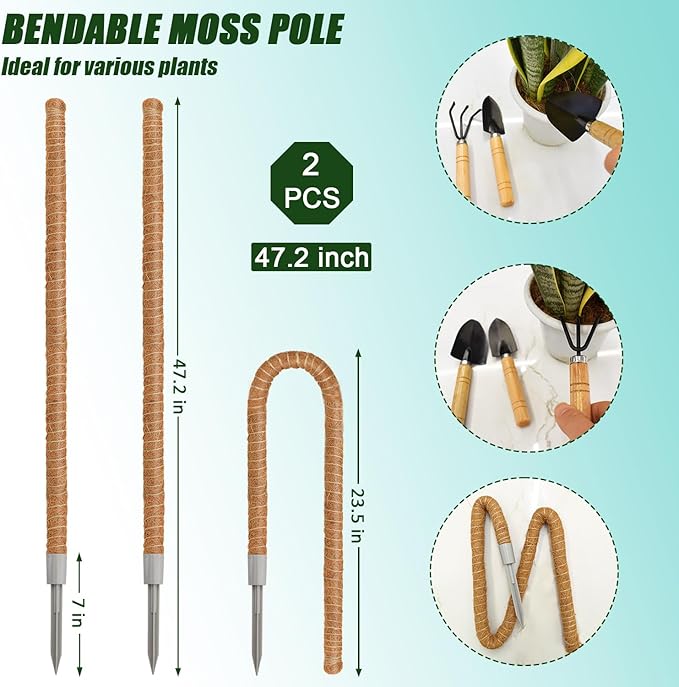 2 Pack Moss Pole, 47 Inch Moss Poles for Climbing Plants Monstera, Bendable Coir Plant Stakes for Potted Plants, Philodendron, Pothos (47.2" x 2pcs)