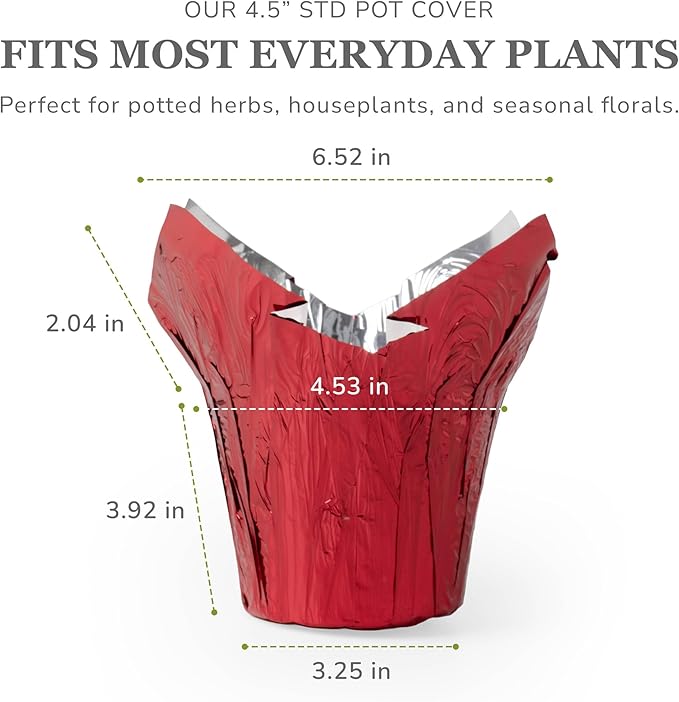 4.5” STD Plant Pot Covers, Decorative Plant Sleeve for Indoor & Outdoor House Plants, Reusable and Gift-Ready Foil Wrap for Flower Pots, Red Metallic, Pack of 5