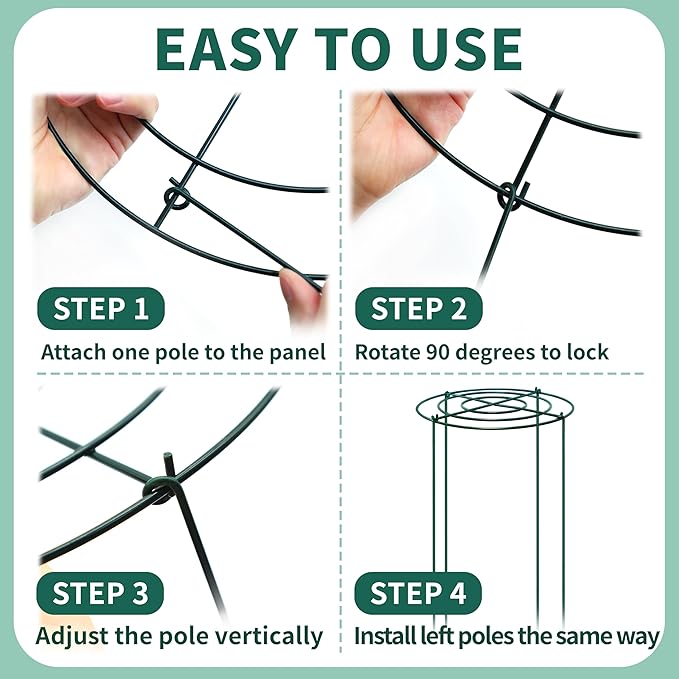 4 Sets Peony Support Cage,14"Diax32"High Heavy Duty Metal Plant Support,Grow Through Hoops Grids with 4 Thickened 5mm Legs,Strong Support Brace for Heavy Blossoms,Flower Support Ring for Peonies,Rose