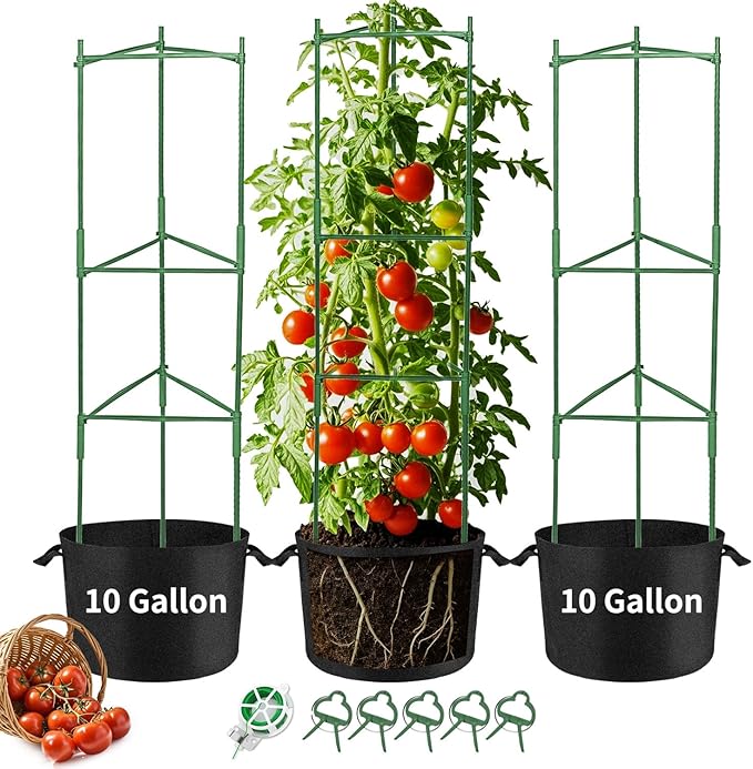 Tomato Cages with 10 Gallon Grow Bags for Garden, 3 Packs Up to 50” Height Heavy-Duty Steel Tomato Trellis, Adjustable Plant Stakes Support with Plant Clips, Garden Trellis for Climbing Vegetable