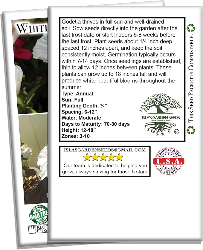 White Godetia Flower Seeds (Clarkia Amoena) – 1500+ Non-GMO Heirloom Seeds, by Isla’s Garden Seeds, Perfect for Planting in Home Gardens, Easy to Grow, Pure White Blooms, Great Gardening Gift