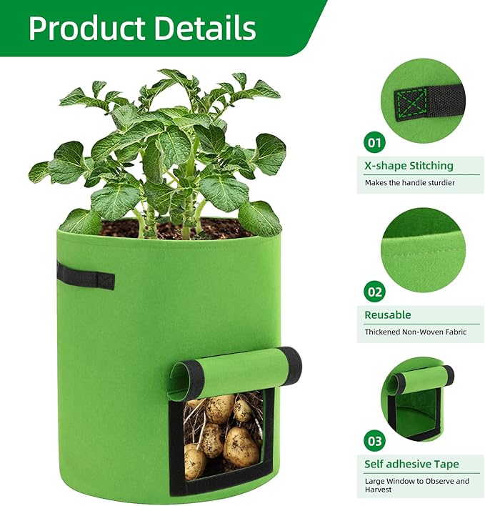 10 Gal Potato Grow Bags - Thickened Nonwoven Fabric Pots, Plant Bags with Flap for Growing Potatoes, Tomatoes, Fruits, Herbs (Light Green)