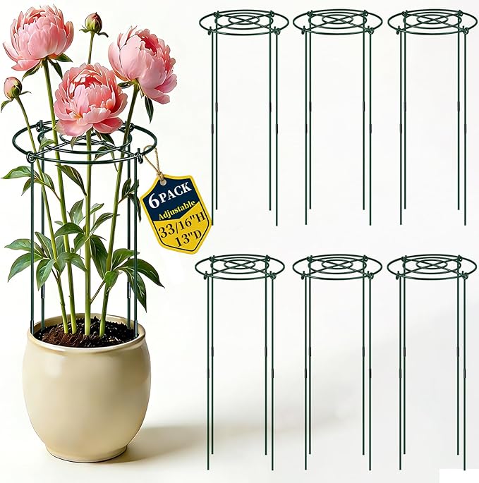 QwayHome 6Pack Peony Cages and Supports, 33'' H x 13''D Grow Through Plants Support, Adjustable High, Heavy Duty, Rust-Resistant, Round Plant Support Ring for Rose Tomato Strawberry Indoor Outdoor