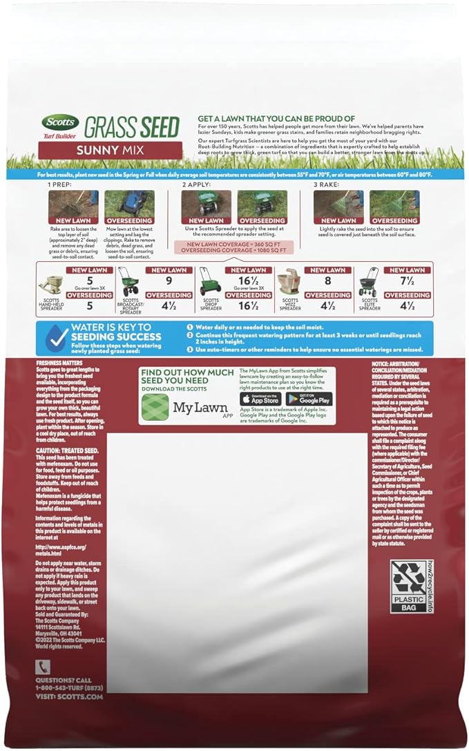Scotts Turf Builder Grass Seed Sunny Mix with Fertilizer and Soil Improver, Thrives in Direct Sun, 2.4 lbs.