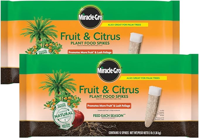 Miracle-Gro Fruit & Citrus Plant Food Spikes - 10-15-15 NPK Easy-to-Use Nutrition for Fruit and Citrus Trees, Plant Fertilizer, 12 Spikes, 3 lb. (2-Pack)