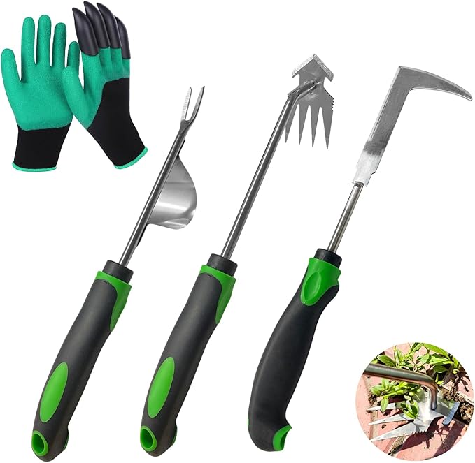 Hand Weeder Tool Set, Portable Garden Weeder Puller for Lawn & Garden with 4-Claw Digger, Crack Weeder and Ergonomic Rubber Handle Manual（3 Pcs）
