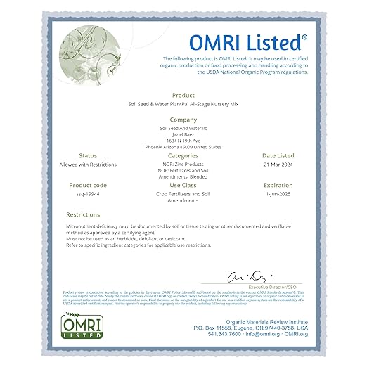 Soil Seed & Water PlantPal Organic All-Stage Nursery Potting Mix – Seed Starter, Propagation and General Purpose Blend - OMRI Listed