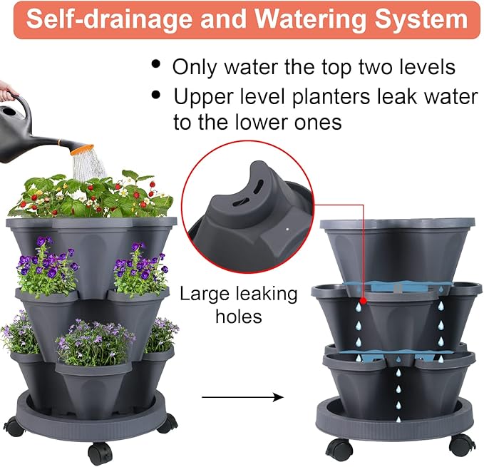 GameXcel Vertical Planter 3 Tier Stackable Planters Garden Planters Strawberry Herb Flower and Vegetable Planter Indoor Outdoor Gardening Pots with Removable Wheels and Tools