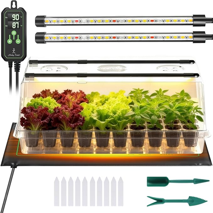 Large Seed Starter Tray with Grow Light and Thermostat Controller Heat Mat, 10"x 20.75" Heat Mats for Plant Growing，68-113°F Adjustable，Color Change Grow Lights，Germination Trays Kits