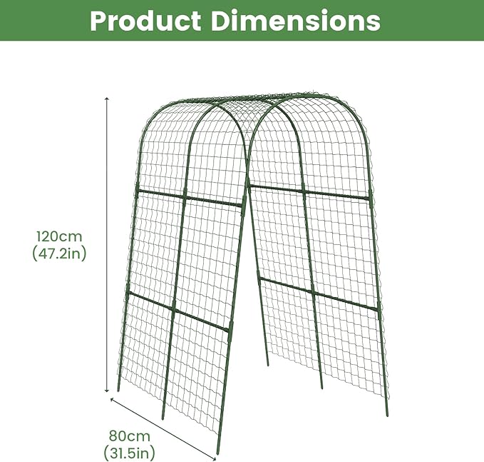 Cucumber Trellis, Metal Garden Arch Trellis for Raised Bed, 32 x 48inch U-Shape Garden Trellis for Climbing Plants Outdoor, Vegetables Fruit Plant Support with Netting, Gardening Supplies (Green)
