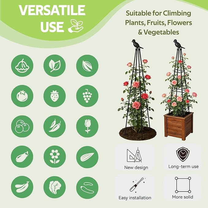 Garden Trellis for Climbing Plants Outdoor - Rustproof Plastic Coated Steel Core Tower Obelisk Trellis - Metal Teepee Trellis Vertical Plant Support for Vines Vegetables Flowers Indoor