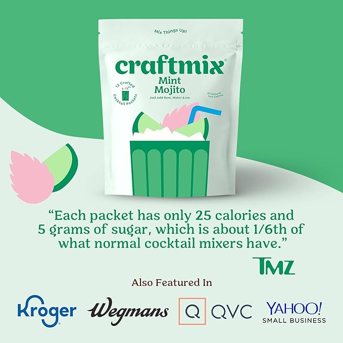 Craftmix Mint Mojito Cocktail & Mocktail Drink Mixer, Skinny Mixes - Water Flavoring Packets - Made With Real Fruit - Vegan Low-Carb, Low-Sugar, Non-GMO, Dairy Free, Gluten Free, 12 Pack