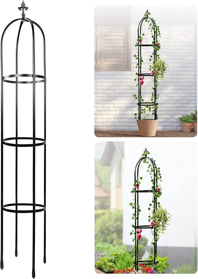 Idzo 100% Metal Obelisk Trellis for Climbing Plants Outdoor 6ft - 72in, Heavy Duty Black Garden Trellis for Climbing Vine with Stone-Look Finish, 1pc