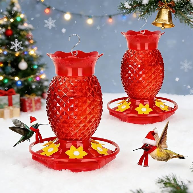 Fchstaer Glass Hummingbird Feeders for Outdoors Hanging Ant and Bee Proof 16OZ 2 Pack Red Pineapple Humming Bird Feeder with 6 Feeding Ports and Ant Moat Hummingbird Gifts for Women Garden Decor