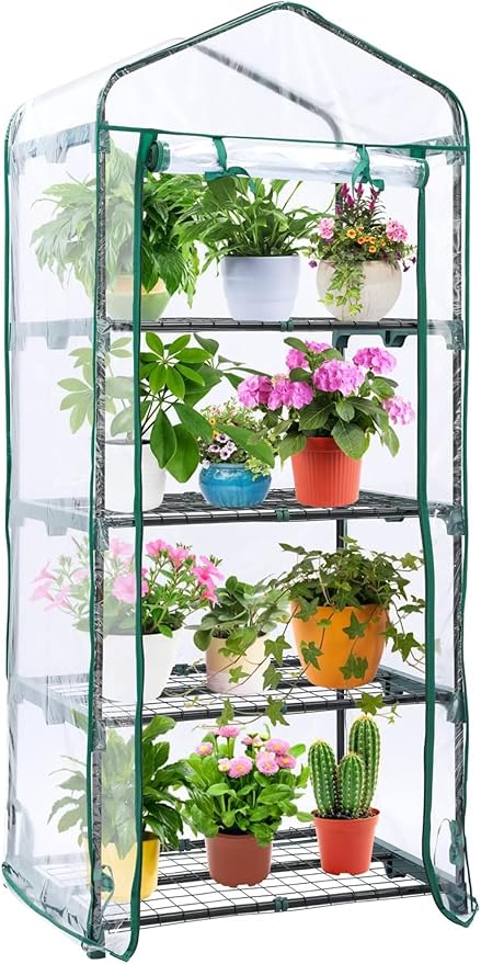 Mini Greenhouse for Outdoors Indoor: 27 x 19 x 62-Inch Ohuhu Small Green House with 4 Tier Shelves, Portable Plastic Greenhouses with Heavy Duty Transparent PVC Cover for Seedling Patio Porch Balcony