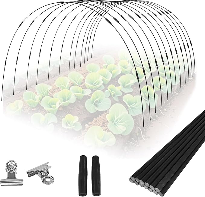 72PCS Garden Hoops Grow Tunnel Kit - 8FT Rust-Free Fiberglass Arches with Plastics Coating (12 Sets) for Raised Beds, Plant Support, Shade Cloth Net, Insect Netting & Row Cover Protection