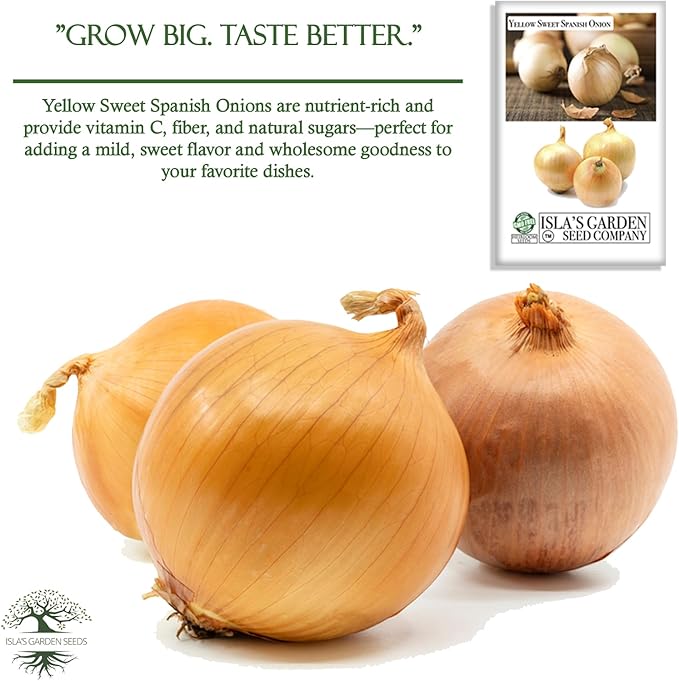 Yellow Sweet Spanish Onion Seeds (Allium cepa) – 750+ Non-GMO Heirloom Seeds by Isla’s Garden Seeds, Mild & Sweet Flavor, Large Golden Bulbs, Excellent for Cooking, Slicing & Storage, Garden Gift Idea