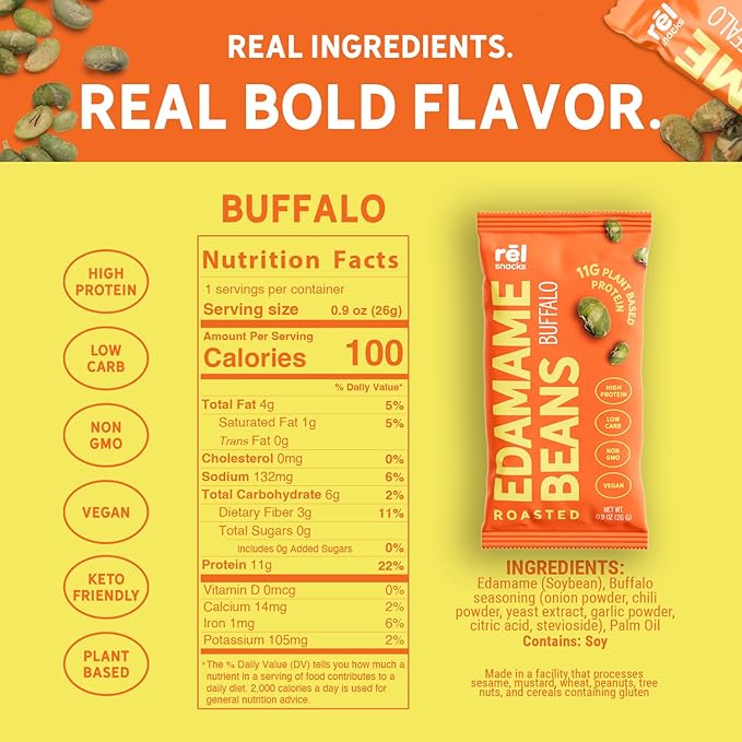 Rēl Snacks Buffalo Roasted Edamame – High Protein Low Carb Snack (11g Protein per Serving) – Keto-Friendly, Vegan, Non-GMO – 10-Pack 0.9oz Bags
