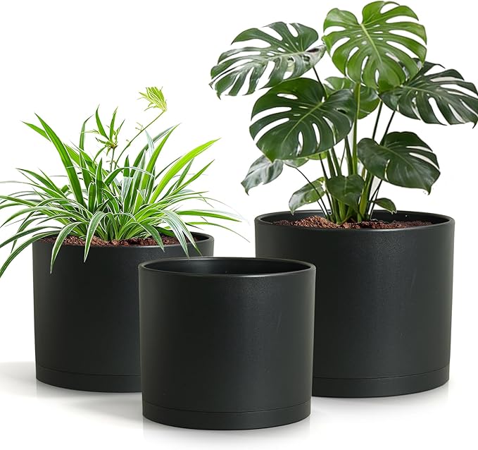 10/9/8 Inch Large Plant Pots with Drainage Holes and Trays, 3 Pack Modern Minimalist Cylinder Planters for Monstera, Snake Plant, Indoor Outdoor (Matte Black)