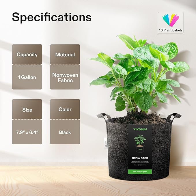 VIVOSUN 5-Pack 1 Gallon Heavy Duty Thickened Nonwoven Fabric Pots Grow Bags with Handles