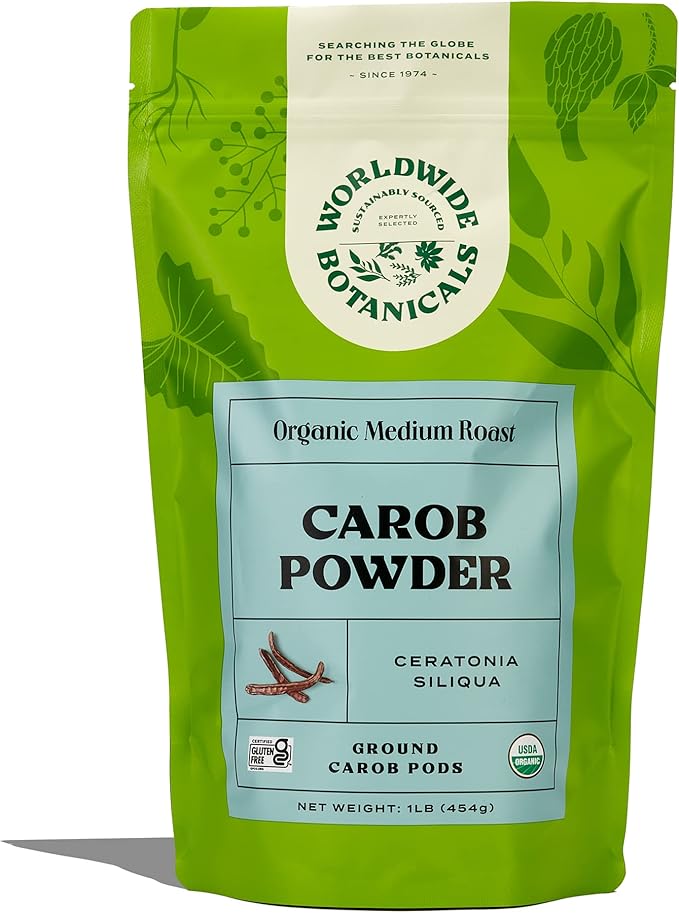 Worldwide Botanicals Organic Carob Powder, Medium Roast – 1 lb – Caffeine Free Cocoa Alternative – Low Fat Super Food with Natural Sweetness– Gluten Free, Kosher, 16 ounces