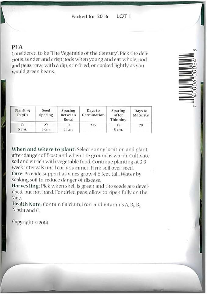 Sugar Snap Pea Garden Seeds - Non-GMO, Heirloom Vegetable Gardening Seed (4 Oz Packet)