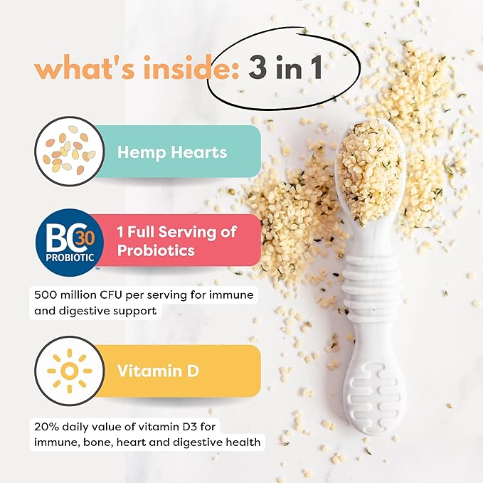 Tiny Sprouts Organic Hemp Hearts + Full Serving Probiotic + Vitamin D3 | Superfood Protein Booster for Kids | Omega-3, Iron, Magnesium, Zinc | Brain & Immune Support | Gluten-Free Superseed Blend | 7 oz