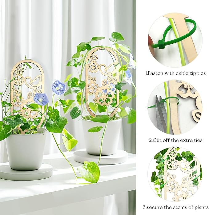 SNAIL GARDEN 2Pcs Small Trellis for Indoor Plants with Bird and Flower Pattern,Wooden Indoor Plant Trellis for Climbing Plants with 100Pcs Green Cable Zip Ties,House Plant Trellis for Potted Plants