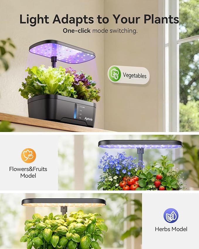 Hydroponics Growing System, 6 Pods Smart Indoor Herb Garden with LED Grow Light, Auto Timer, Height Adjustable, Quiet Pump, Gardening Gifts for Mom Women - Black