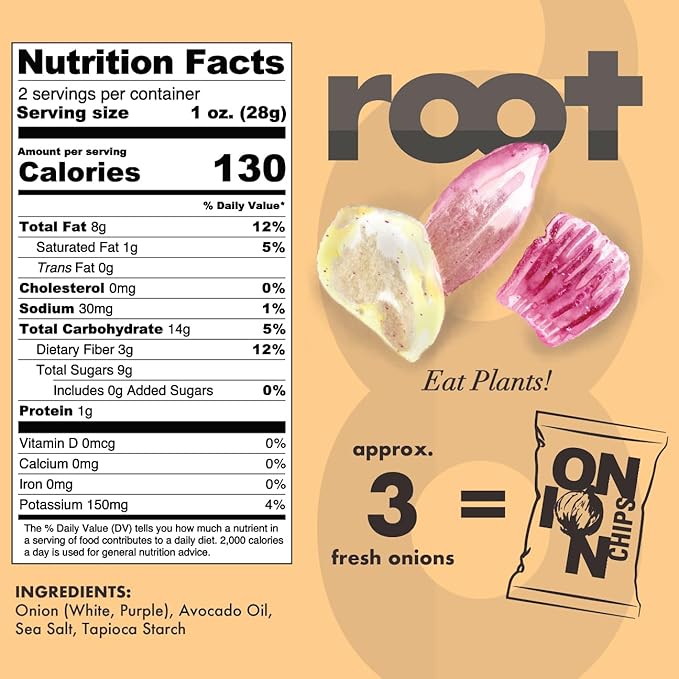 Root Foods Onion Chips, Natural Veggie Snack, Non-GMO Vegetable Crisps, Good for Adults, Kids, Vegan, Gluten Free, Kosher, Halal 6 pack