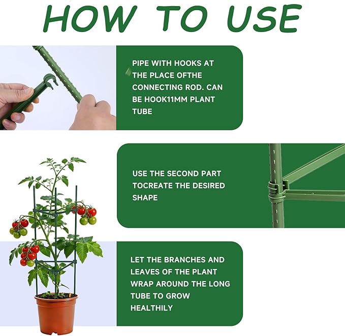 100pcs Garden Stakes Arms for Tomato Cage, Plant Trellis Connectors, Attach 0.63 Inch Dia Tomato Stakes and Plant Stick Supports, 11.8in Plastic Connecting Rod (16mm，No Stake)
