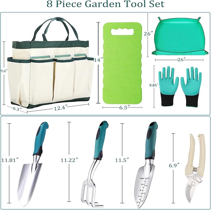 8-Piece Heavy-Duty Gardening Tools Set with Tote Bag - Rust-Proof Aluminum Gardening Hand Tools with Ergonomic Non-Slip Rubber Grips - Gardening Supplies Set Ideal Gift for Men & Women