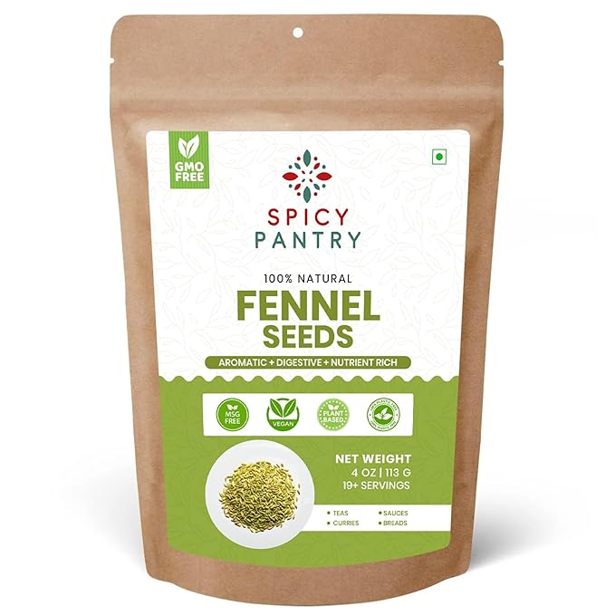 Spicy Pantry Fennel Seeds Whole - Foeniculum vulgare - 100% Natural - Resealable Bag - Great for Tea, Cooking, and Baking - 4 oz