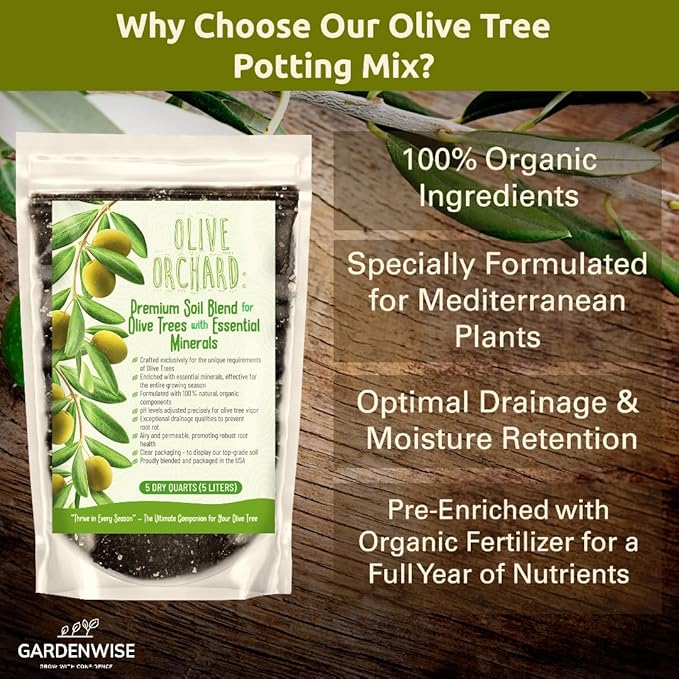 GARDENWISE Organic Olive Tree Potting Mix – Fast-Draining, Nutrient-Rich Soil for Indoor & Outdoor Olive Trees – Mediterranean Plant Care – Long-Lasting Formula (5 QUARTS)