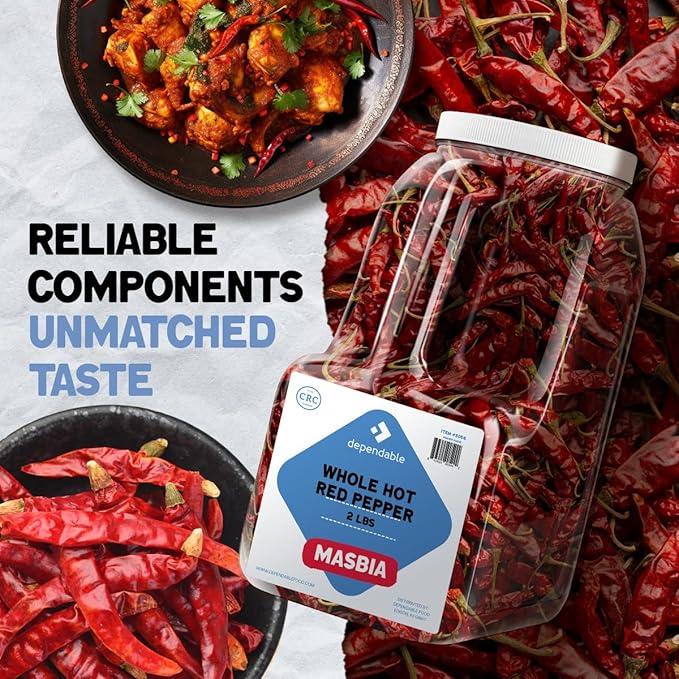 Dependable Foods Whole Red Hot Pepper– 2 Lb. Bulk Jar –- 100% Natural Intense Heat, Non-GMO, No Additives, Salt-Free Seasoning | Kosher, Allergen-Free