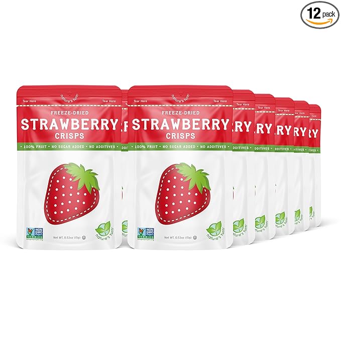 Nature’s Turn Freeze-Dried Strawberry Crisps – Healthy, Gluten-Free, Crispy & Delicious, Plant-Based Snack, Ideal for Cereal, Smoothies, School Lunches, & On-the-Go, Bags of 12 (0.53 oz Each)