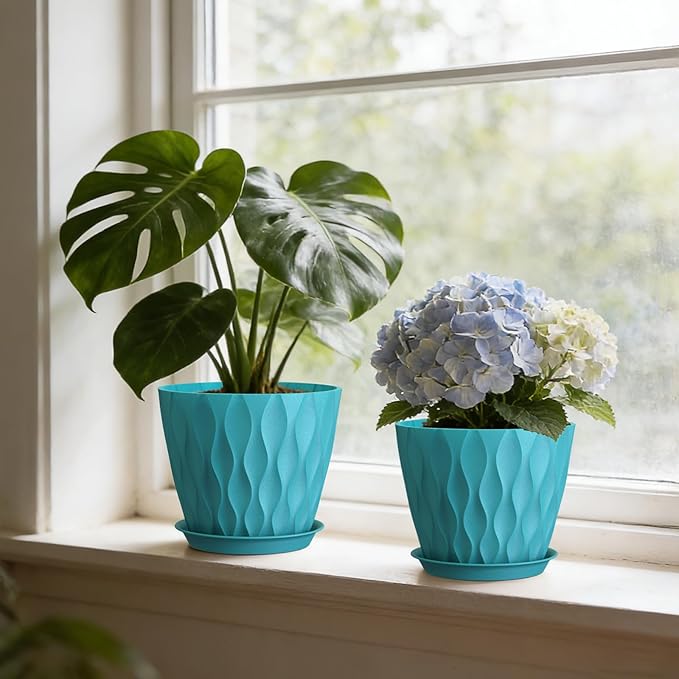 8" Water Wave Plant Pots with Drainage Holes & Saucers, 4 Pack Modern Textured Medium Planters for Indoor Outdoor Plants, Decorative Flower Pots Repotting Set for Flowers, Herbs (Blue)