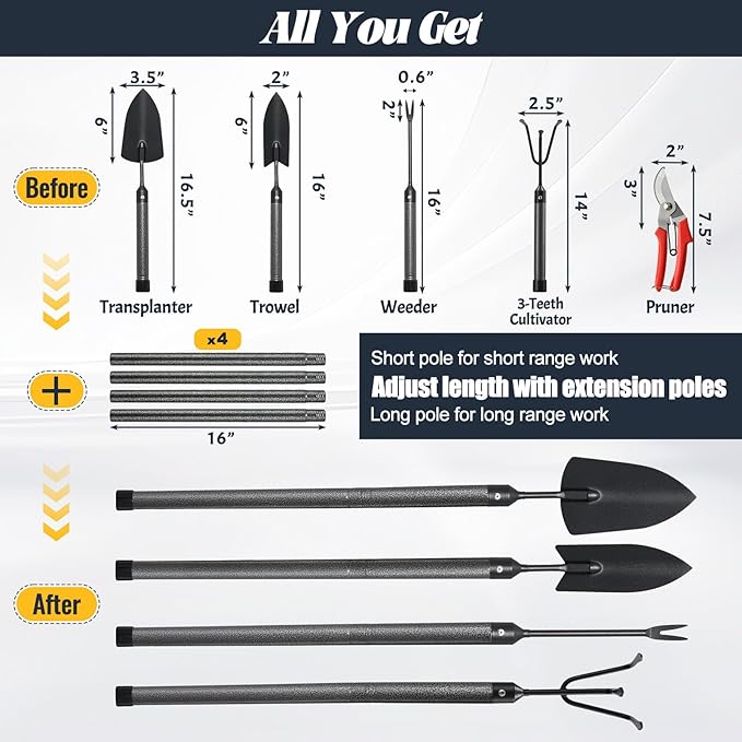 Garden Tool Set with Extended Long Handle, 5 Pieces Stainless Steel Gardening Tool Kit, Gifts for Parents and Kids Including Trowels, Hand rake, Weeder, Pruning Shears for Weeding Planting