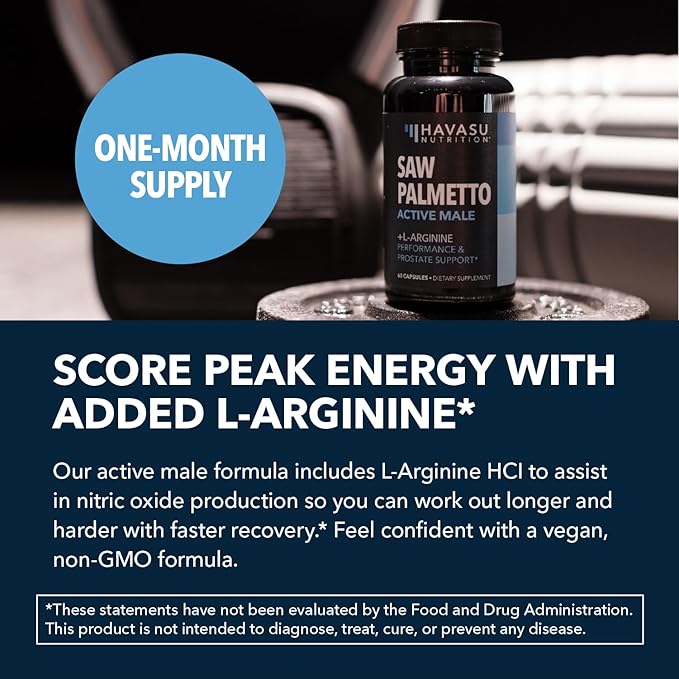 Saw Palmetto 500mg and L-Arginine 500 mg - Prostate Health and Nitric Oxide Supplements for Men - 60 Count - Urinary Function Support and Endurance for Active Males - Vegan, Non-GMO, 1 Month Supply