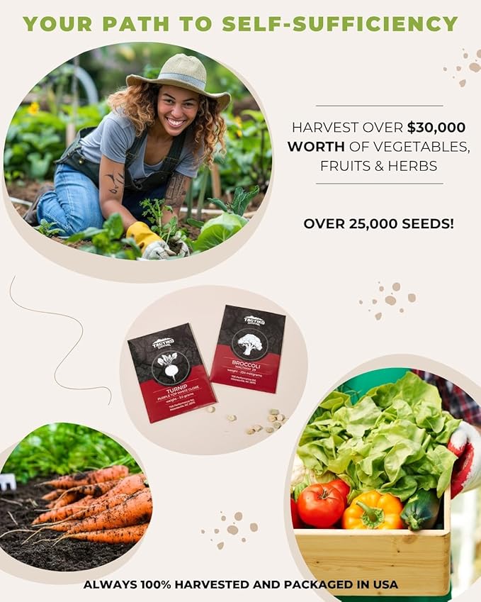 50 Tactiko Survival Vegetable, Herb & Fruit Seed Kit - U.S.A. Harvested Varieties - Over 35,000 Non-GMO Heirloom Seeds - Emergency Seed Vault in Waterproof Mylar Bag - Long-Term Storage
