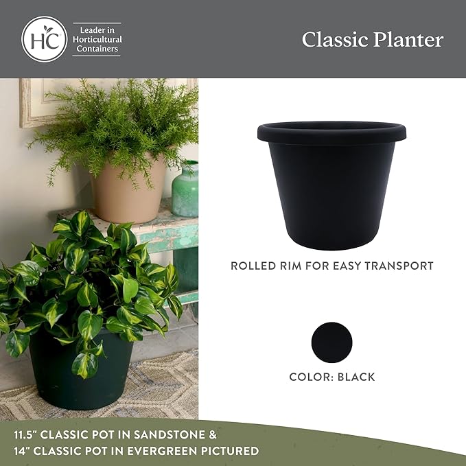 The HC Companies 8.5 Inch Classic Round Planter Pots with Drainage, Rolled Rim Plastic Planters for Indoor & Outdoor Plants, 4-Pack Decorative Flower Pots for Garden, Office & Home Decor, Black