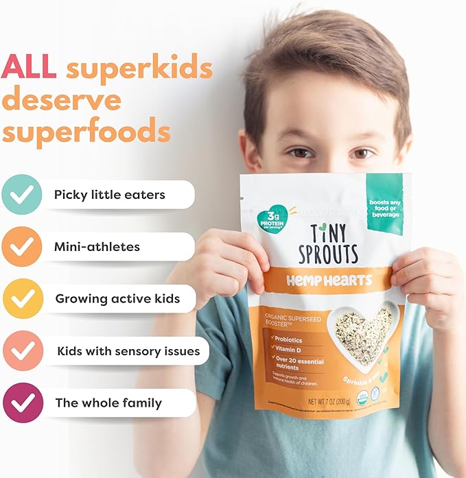 Tiny Sprouts Organic Hemp Hearts + Full Serving Probiotic + Vitamin D3 | Superfood Protein Booster for Kids | Omega-3, Iron, Magnesium, Zinc | Brain & Immune Support | Gluten-Free Superseed Blend | 7 oz