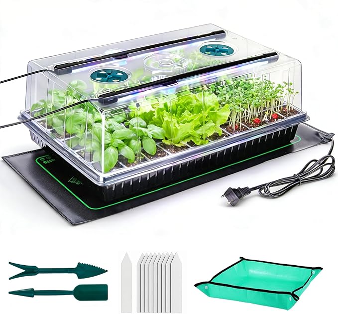 60 Cell Seed Starter Tray Kit with Grow Light, 3.8" Humidity Dome and 20.47" Heat Mat - Indoor Seed Germination Station for Faster Planting, Complete Gardening Kit for Vegetables, Herbs, Microgreens