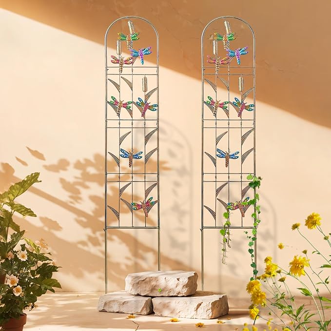 aboxoo Set of 2 Packs Dragonfly Metal Garden Trellis for Climbing Plants,Outdoor Decorative Flowers Arch Fence Trellis for Outdoor Patio,Garden,Lawn,Yard,Backyard,Wall Brackets,60'' H x 11'' W