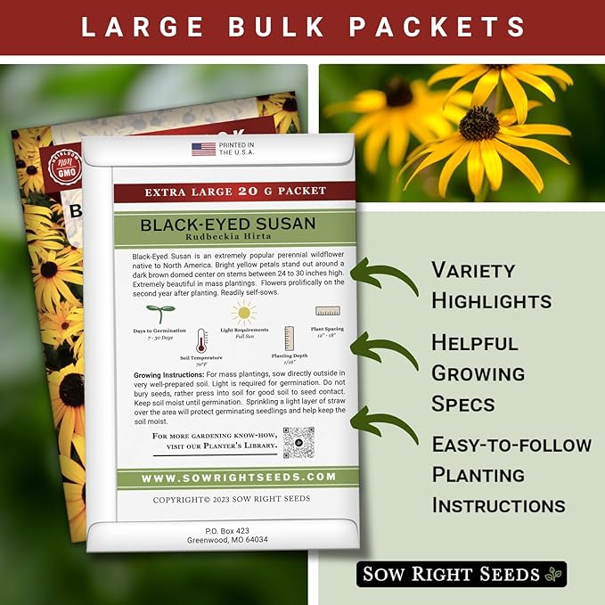 Sow Right Seeds - Black Eyed Susan Flower Seeds for Planting - 75000 Seeds, 20 Grams - Non-GMO Heirloom Bulk Jumbo Pack to Plant a Home Garden - Perennial Wildflowers Attract Pollinators