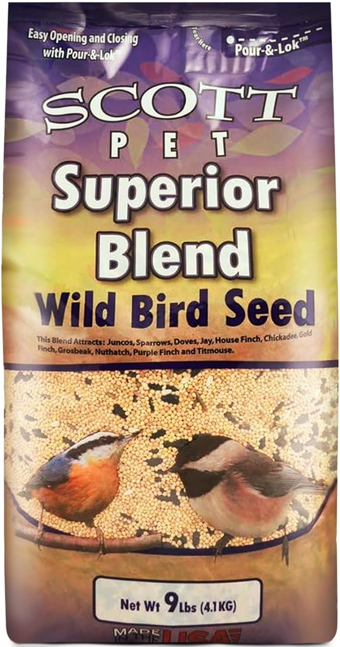 Scott Pet Wild Bird Seed, Superior Blend, 9 lbs Bag, No Corn, Feed, Great for All Feeder Types, Food for Outside Wild Birds